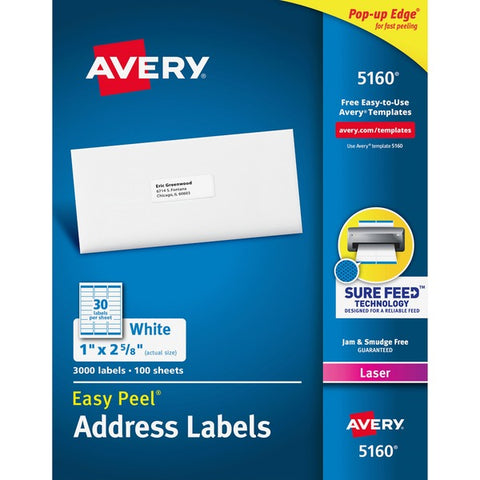 Avery Easy Peel White Address Labels for Laser Printers (1" x 2 5/8") (30 Labels/Sheet) (100 Sheets/Box)