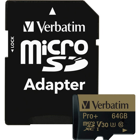 Verbatim America, LLC Verbatim PRO+ - Flash memory card (microSDXC to SD adapter included) - 64 GB - UHS Class 3 / Class10 - microSDXC UHS-I
